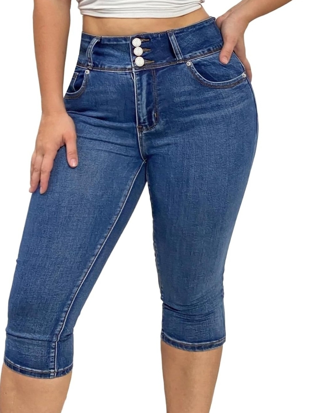 High-Waist Dark Blue Capri Jeans for Women